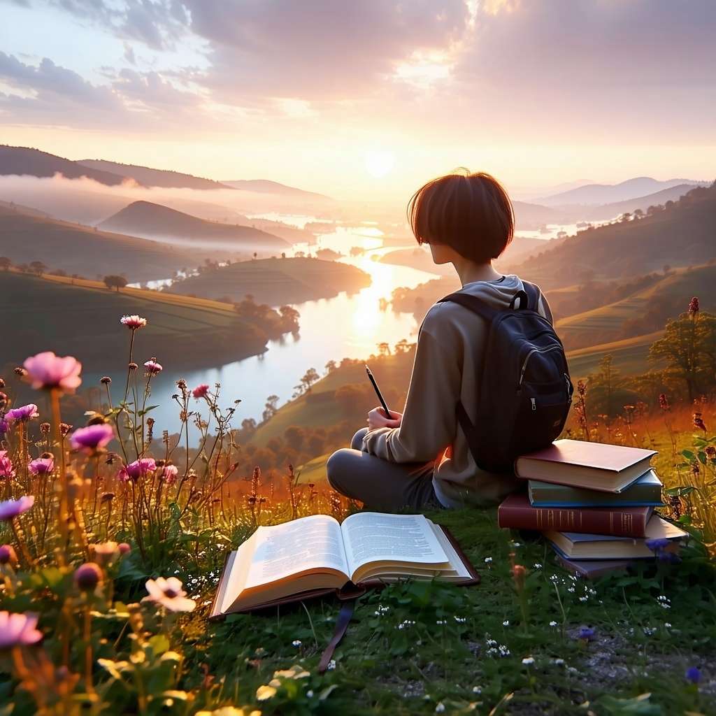serene scene of a person sitting on a hill surrounded by flowers looking down into  a sunny valley 